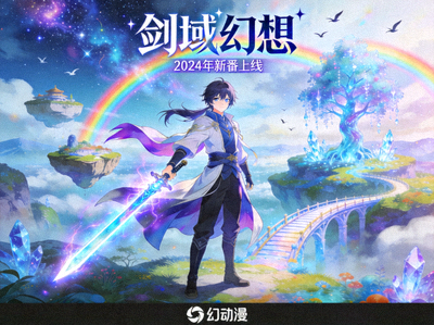 动漫新番《剑域幻想》海报，主角手持发光剑刃站在奇幻风景中